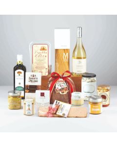 "Bianco Natale" - Gourmet-Weihnachtsgeschenkkorb mit Bonifanti-Panettone, Pasta, Bolognesesoße, Schokolade