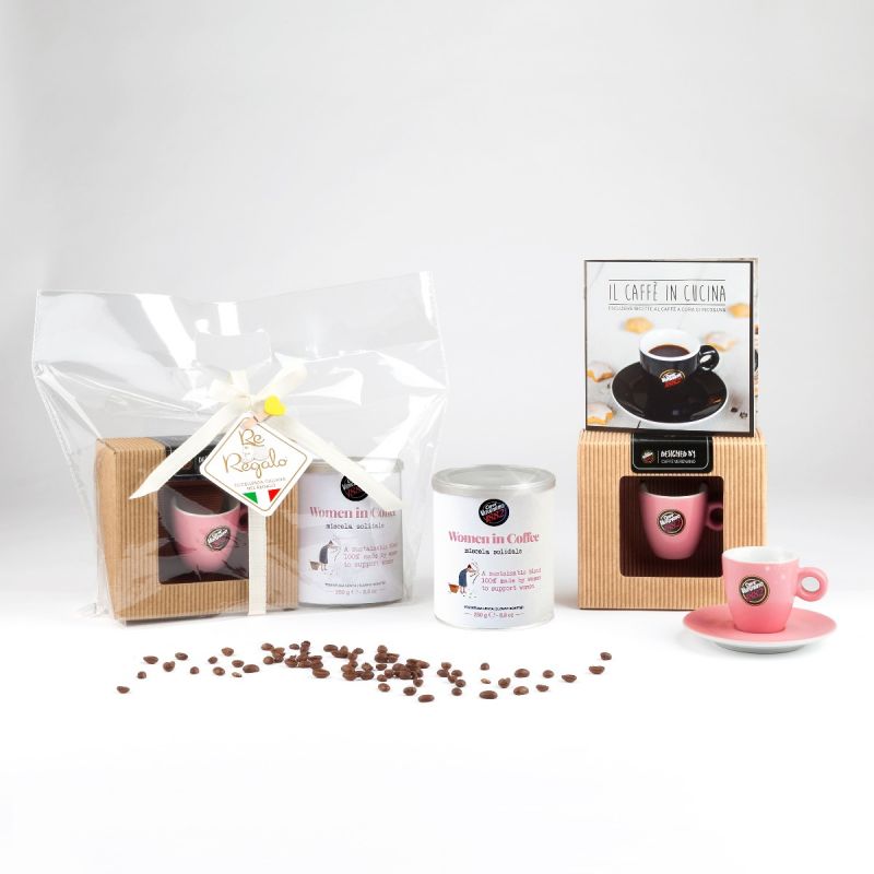 Confezione regalo Solidale con caffè, tazzina rosa, ricette