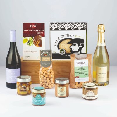 "Happy Hour" -  Aperitif food hamper with almond anchovies, Tuscan pate, Piedmont hazelnuts