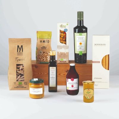 "Biologico" - Organic gift hamper with pasta, yellow tomato sauce, olive oil, almond crunchy