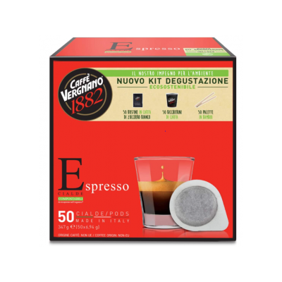 Kit 50 compostable Pods Coffee espresso + 54 Sugar Sachets + 50 Coffee Stirrers + 50 Glasses Vergnano