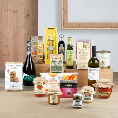 "Degustazione Italiana" - Lebensmittelkorb mit Orecchiette-Nudeln, Carnaroli-Nudeln, Bio-Soße, Kaffee
