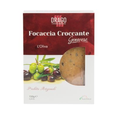 Knusprige Focaccia aus Genova mit Olivenöl und Oliven Forneria Genovese Drago 150 gr