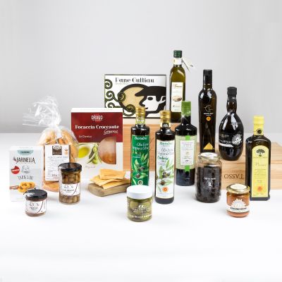 "Olio & Dintorni" - Gourmet-Geschenkpaket mit nativem Olivenöl extra DOP, Oliven, Guttiau