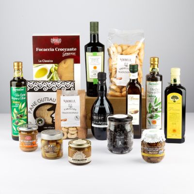 "Olio & Dintorni" - Gourmet-Geschenkpaket mit nativem Olivenöl extra DOP, Oliven, Guttiau