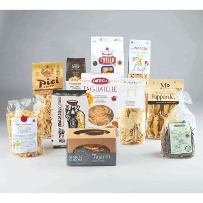"Pasta!" - Lebensmittelkorb mit typischen regionalen Nudeln: Trofie, Tajarin, Pici, Croxetti