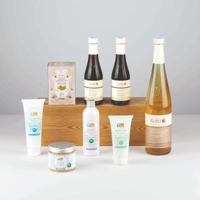 "Natura e Benessere" - Wellness-Geschenkpaket mit Apfelsaft von Kohl, Körperpflegeprodukte der Salina di Cervia