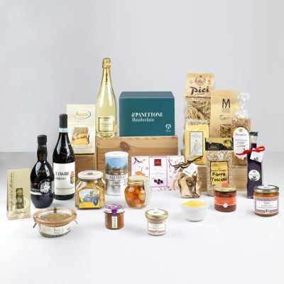 "Superluxe" - Weihnachten Luxus-Geschenk-Box mit Bonci Panettone, Carnaroli Reis, Taggiasca Öl