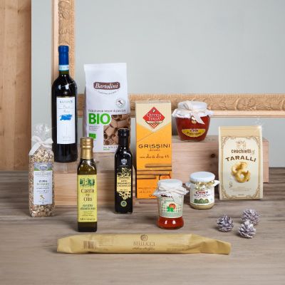 "Raffinato" - Gastronomischer Korb mit Strolghino-Salami, Olivenöl, Balsamico-Essig