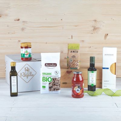 "Bio Degustazione" -  Bio-Geschenkkorb mit Nudeln, Evo-Öl, Soße, Hülsenfrüchte