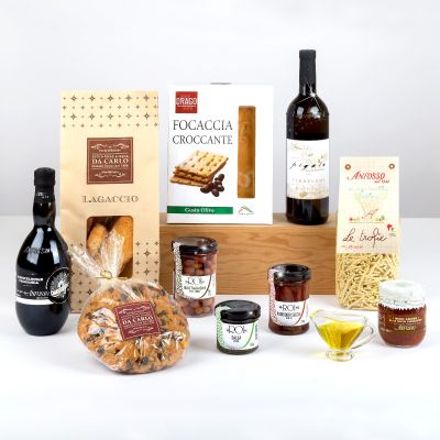 "Natale in Liguria" - Weihnachtsgeschenkkorb mit typischen Produkten aus Ligurien: Pandolce Genovese, Lagaccio Kekse, EVO-Öl