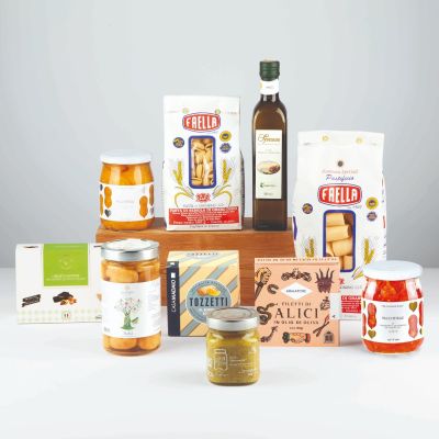 "Campania" - Geschenkbox mit Spezialitäten aus Kampanien: Sardellen aus Cetara, Piennolo Tomaten, Gragnano Pasta, DOP Evo- Öl