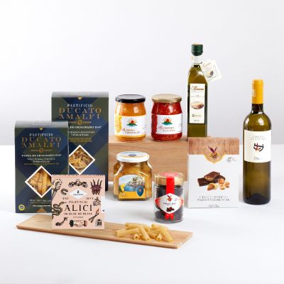 "Campania" - Geschenkbox mit Spezialitäten aus Kampanien: Sardellen aus Cetara, Piennolo Tomaten, Gragnano Pasta, DOP Evo- Öl