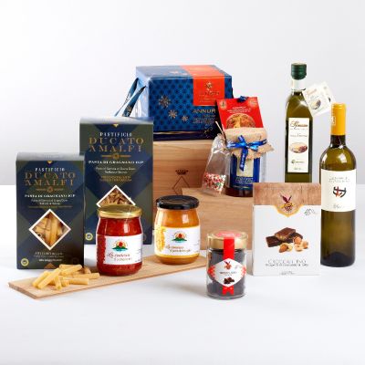 "Natale in Campania" - Weihnachtsgeschenkkorb mit Spezialitäten aus Kampanien: Panettone von Sal De Riso, Gragnano IGP Pasta, DOP evo Öl