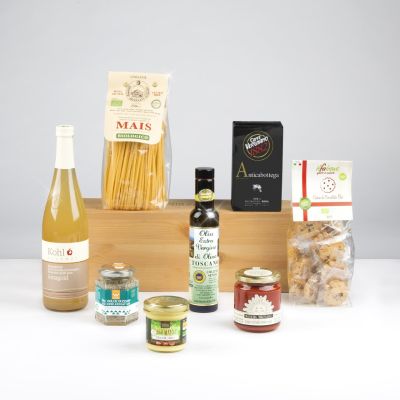 "SenzaGlutine" - Glutenfreier Gourmet-Korb mit Bio-Mais-Nudeln, Bio-Keksen, Olivenöl