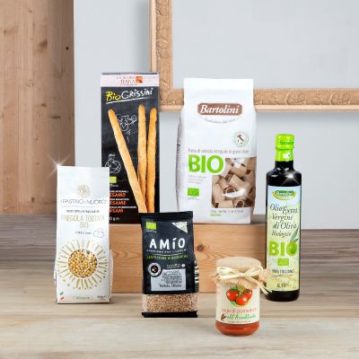 "Bio Degustazione" -  Bio-Geschenkkorb mit Nudeln, Evo-Öl, Soße, Hülsenfrüchte