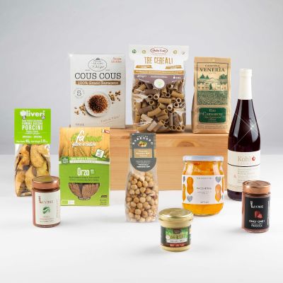 "Prelibatezze Vegane" - Veganer Geschenkkorb mit Romagna-Sauce, Getreidenudeln, Haselnüssen, Kohlsaft