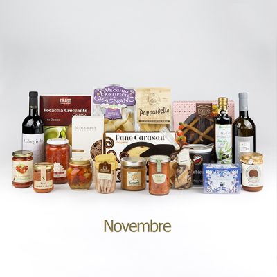 "DispensaBox Novembre, Dicembre, Gennaio" - Box dispensa abbonamento trimestrale, prodotti tipici, pasta, legumi, sughi, caffè, accessorio cucina in regalo