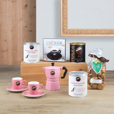 "Box WomenInCoffee" - Cesto regalo solidale con caffè, caffettiera rosa, biscotti