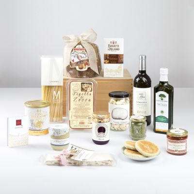 "Bianco Natale" - Cesto regalo Natale Gourmet con panettone Bonifanti, pasta, ragù bolognese, cioccolato